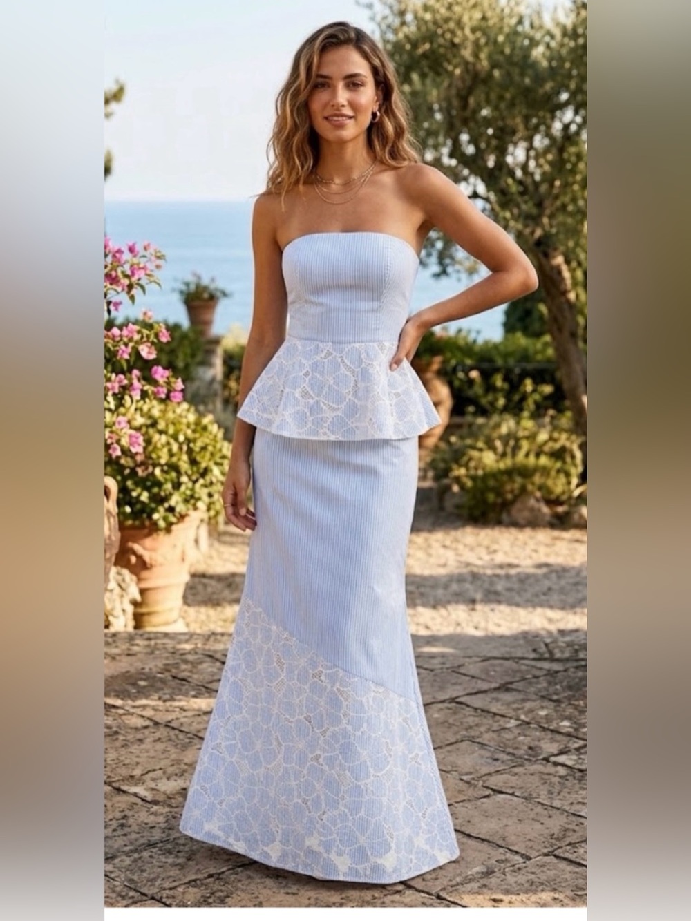 Commense Strapless Light Blue Peplum Lace Maxi Dress